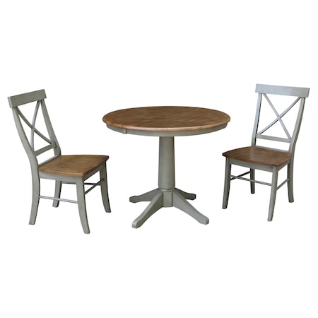 International Concepts Round 36 in Rd Extension Dining Table, 2 X-Back Chairs, Hickory/Stone, 36 W, 48 L, 30.1 in H, Wood K41-36RXT-27B-C613-2